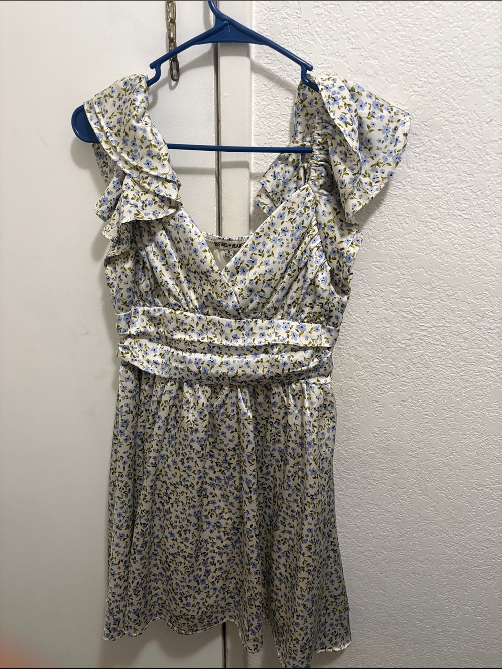 Inspired Hearts Yellow and Blue Floral Mini Dress with Ruffle Shoulders